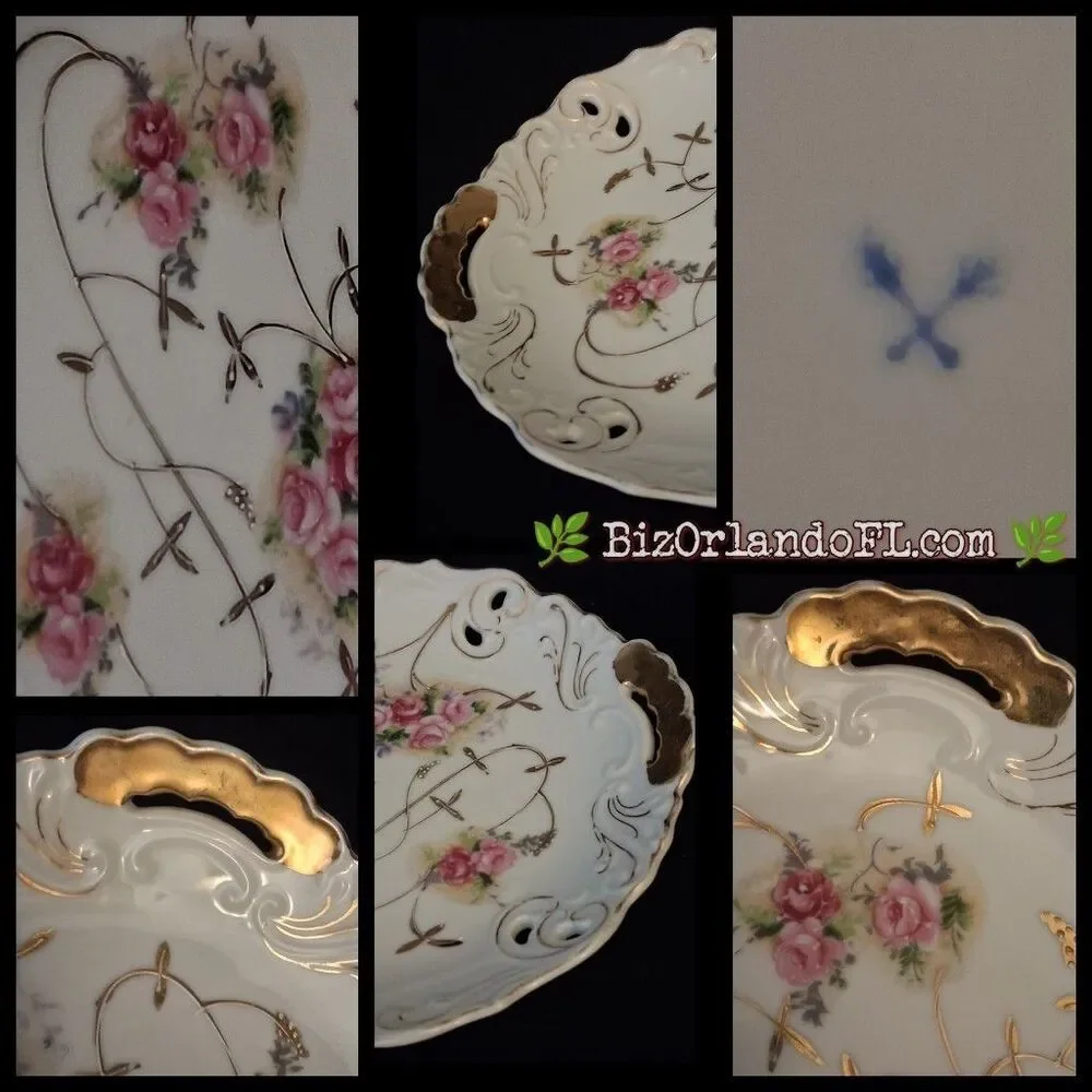VINTAGE: Antique Kalk German Porcelain Shallow Bowl / Handled Serving Dish